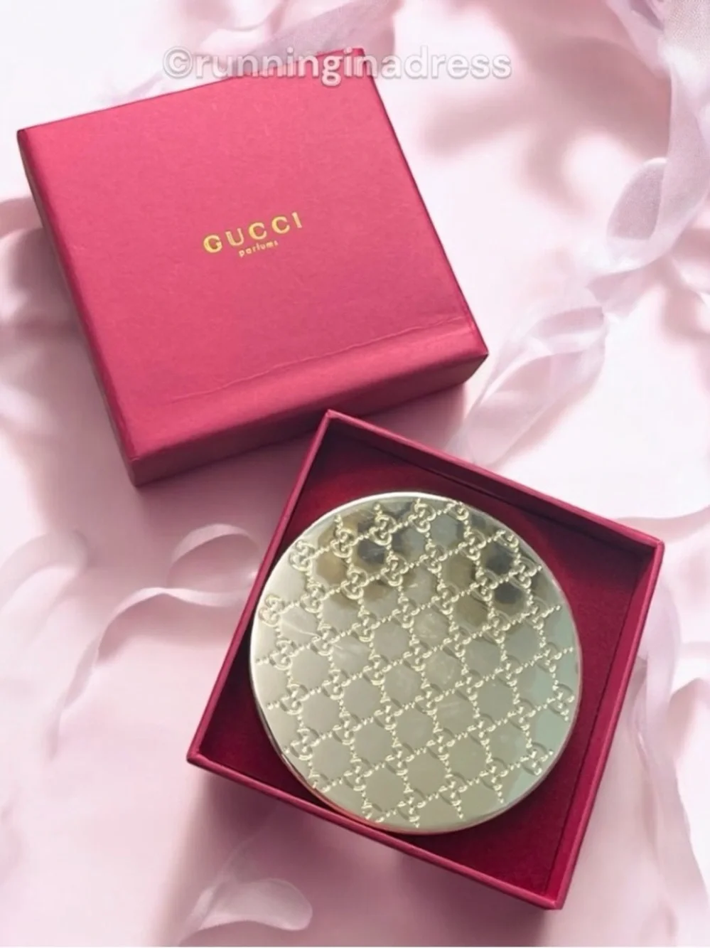 NIB Gucci Parfums Gold Embossed Monogram Compact Double Makeup Pocket Mirror